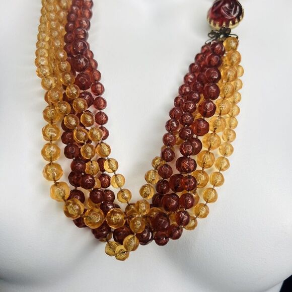 Vintage Chunky Amber Yellow Lucite Multi Strand Beaded Necklace Dome Box Clasp - Picture 4 of 16